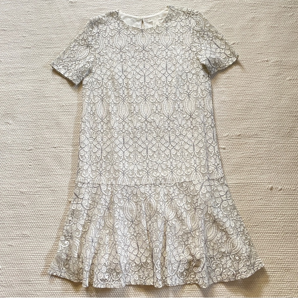 H&M White/Black Crew Neck Tunic Peplum Ruffle Dress Short Sleeves Size 8